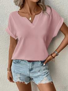 SHEIN Clasi Women's Plain V-Neck Casual Short Sleeve Blouse - Dusty Pink - View 4