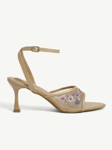 CUCCOO CHICEST Sandalias de mujer con bordado floral en color albaricoque, elegantes, de malla transpirable y con tacón alto de dedo abierto para fiesta - Albaricoque - Ver 4