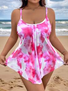 Swim Lushoire 2pcs Plus Size Women Color Tie Dye Random Print Adjustable Spaghetti Strap Mesh Overlay & High Waist Swimwear, Sexy & Elegant Beach Holiday Tankini Set
