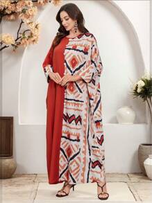 Al Najma Lente/Zomer Dames Ronde Hals Geometrisch Patroon Patchwork Effen Kleur Turkse & Arabische Stijl Lange Jurk