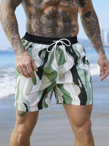Surfspeed Men's Contrast Color Print Drawstring Waist Beach Shorts - Army Green - View 6