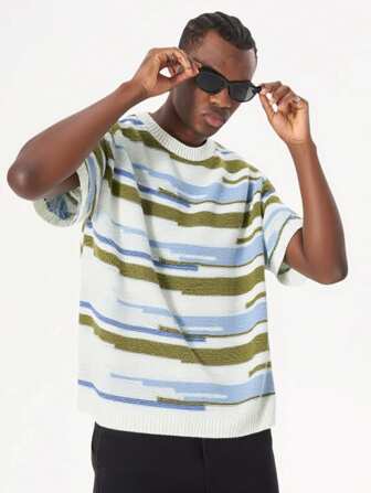 Street Life Camiseta de punto de cuello redondo de manga corta con rayas para hombre, de estilo casual