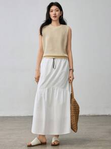 Dazy-Less Women's Business Casual Colorblock Drawstring Tie-Up Patchwork Skirt - White - View 2