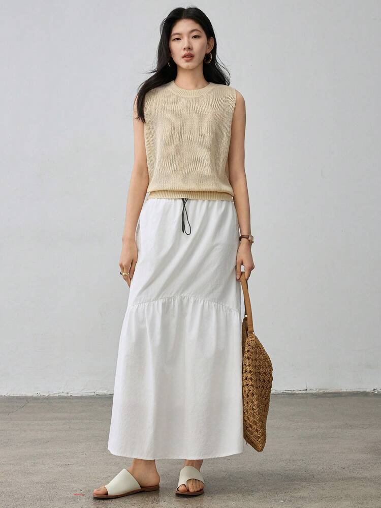 Women's Business Casual Colorblock Drawstring Tie-Up Patchwork Skirt