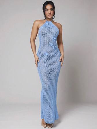 Silquee 女士纯色蓝色海洋立体花朵钩花镂空露背横带弹力紧身春夏假期系带长裙、海边度假姐妹会钩花裙、街头钩花裙、春假泳池派对钩花裙、欧式度假钩花裙、比基尼外套、花蓝色钩花露背裙、休闲装、俱乐部装性感夏装