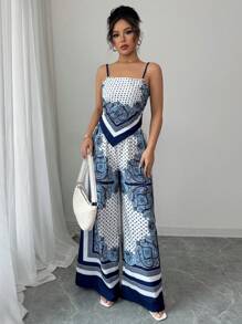 Elenzga 女士度假套装，蓝色扎染波西米亚风不对称吊带背心和宽松阔腿裤 - 藍色 - 查看 4