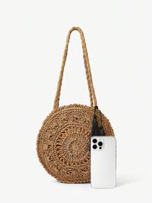 Maija 女士休闲草编圆形单肩包，度假风格 - 米色 - 查看 5