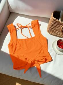 Comfortcana Neon Orange Knit Backless Camisole Top - Burnt Orange - View 2