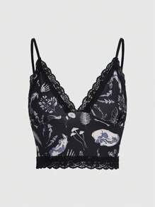 ROMWE Goth Allover Print Contrast Lace Cami Top - Black - View 1