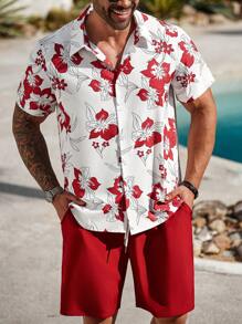 Manfinity Homme Plus Size Men's Floral Print Short Sleeve Shirt And Shorts Set, Vacation Style - Red - View 4