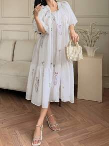 DAZY V-Neck Flower Print Lantern Sleeve Women's Mid-Length Dress Floral - Beige - View 3