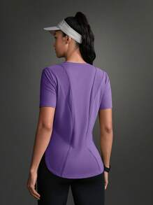 Powerista Áo thun thể thao ngoài trời cổ tròn tay ngắn màu trơn dành cho nữ - Màu tím - Xem 10