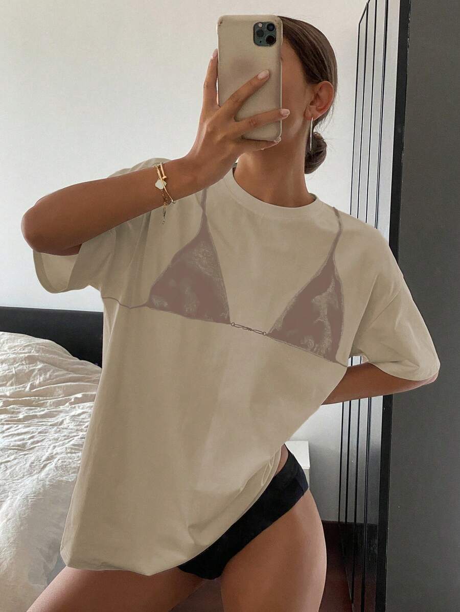 DAZY 女士休闲落肩短袖圆领T恤，夏季图案T恤超大T恤 - 杏色 - 查看 1