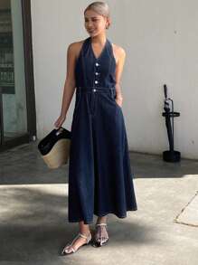 DAZY Gaun Denim Wanita Model Kerah V yang Dicuci - Dark Wash - View 8