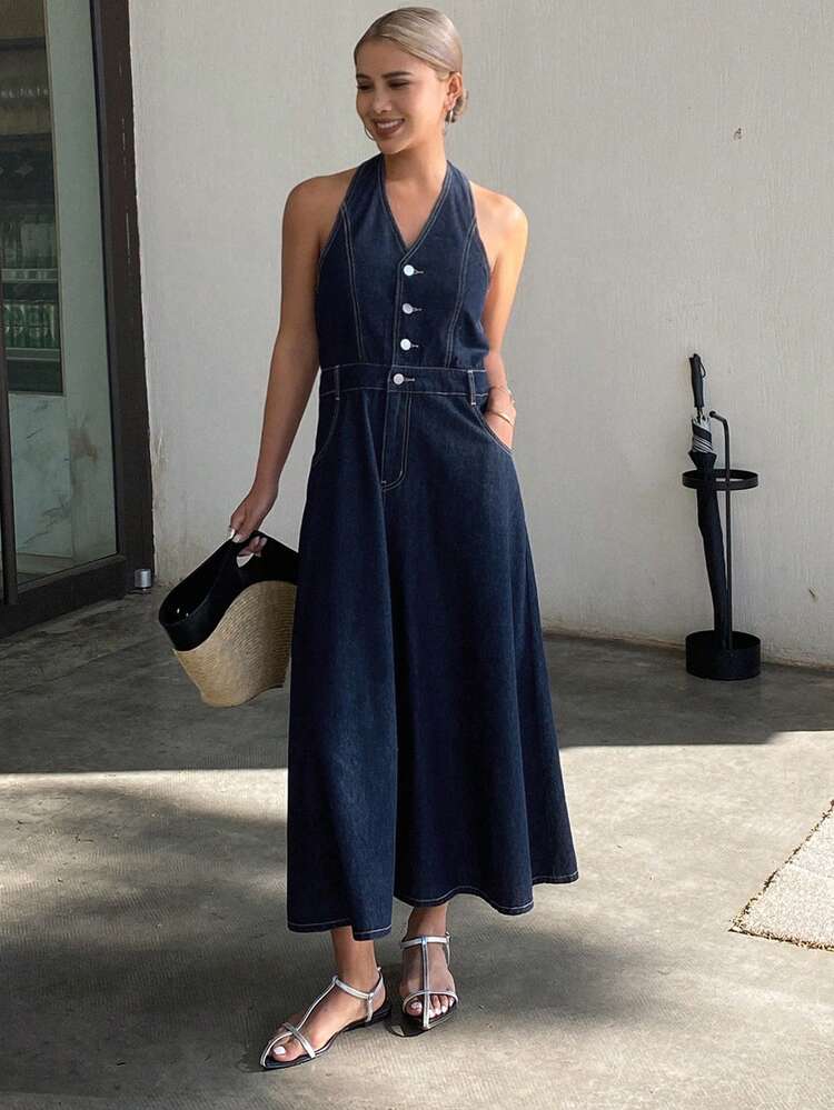 V-Neck Washed Cowl Neck Women's Denim Dress Sundress