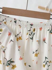 青少年女孩纹理面料碎花正面蝴蝶结细节褶皱休闲 2 件短裤袖上衣和裤子家居服套装 - 彩色 - 查看 4