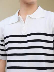 Manfinity Hypemode Men's Zip Neck Striped Short Sleeve Casual Knit Top - Black and White - View 5