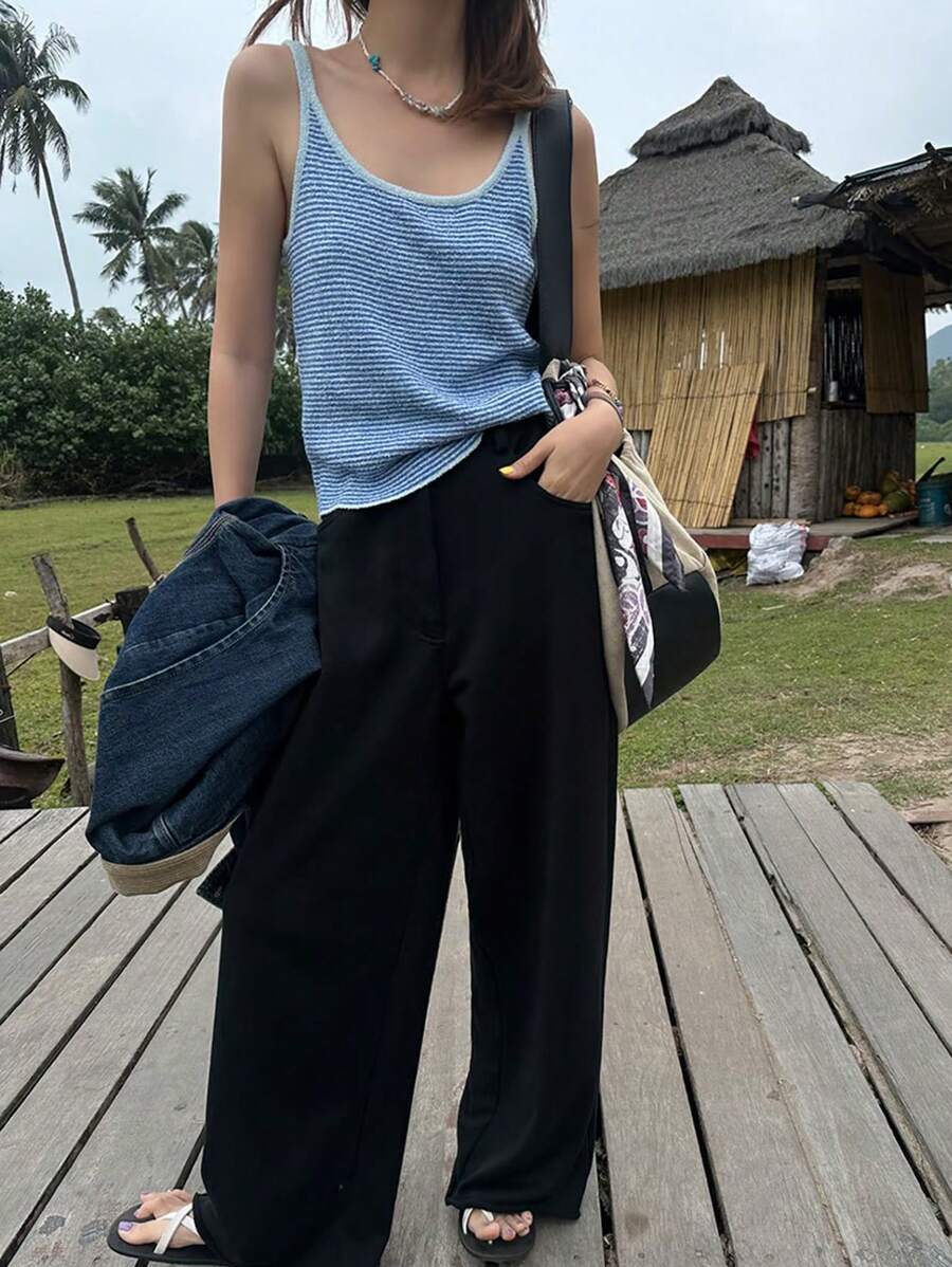 Jouncy Vintage Casual Striped Knit Vest - Baby Blue - View 1