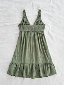 Soleia Women's Leisure Mustard Green Soft Crinkled Fabric V-Neck Ruffle Collar A-Line Mini Dress, Suitable For Party, Date, Afternoon Tea - Green - View 2