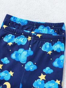 SHEIN Baby Boy Cute Cartoon Elephant, Star, Moon And Cloud Print Round Neck Short Sleeve + Pants Snug Fit Comfortable Pajamas Set, 2pcs