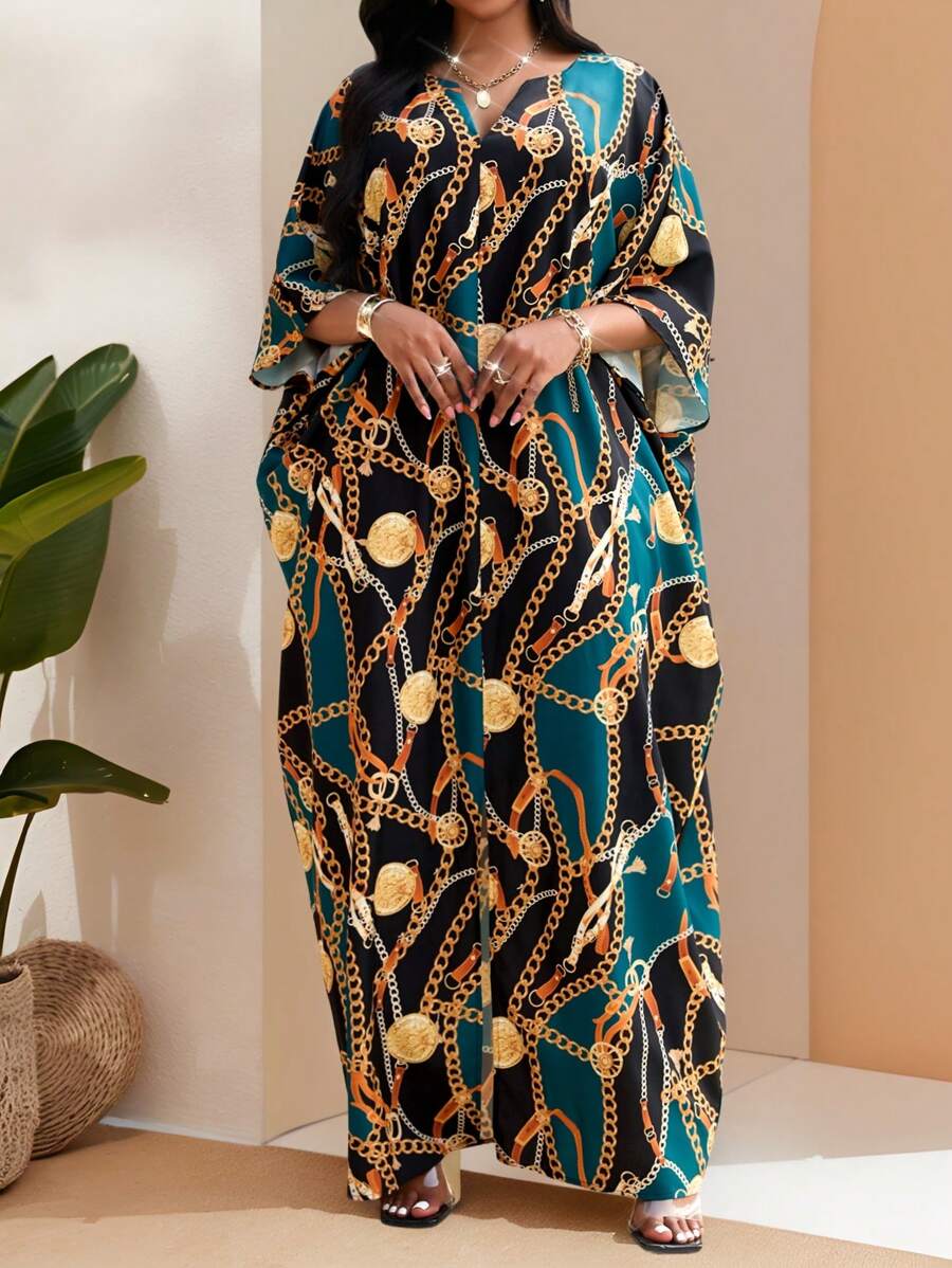 SHEIN Lady 春夏秋冬优雅派对通勤办公室彩色编织缺口舞会礼服短袖卡夫坦礼服 - 綠色 - 查看 1