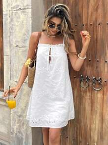 SHEIN Frenchy Women's Casual Vacation Solid Color Hollow Out Embroidered Spaghetti Strap Mini Dress Summer White Beach - White - View 5