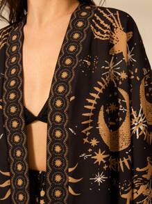 CAJUNI Women's The Sun, The Moon And The Devil's Eye Printed Casual And Boho Long Sleeve Kimono, Perfect For Holiday