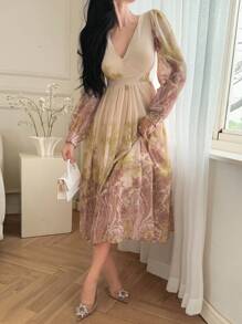 DAZY Đầm midi cổ vuông in hoa toàn thân phong cách Bohemian dành cho nữ, thanh lịch, đầm tay dài mùa thu, đầm lễ Phục sinh. - Màu Hồng  Dưa hấu - Xem 6