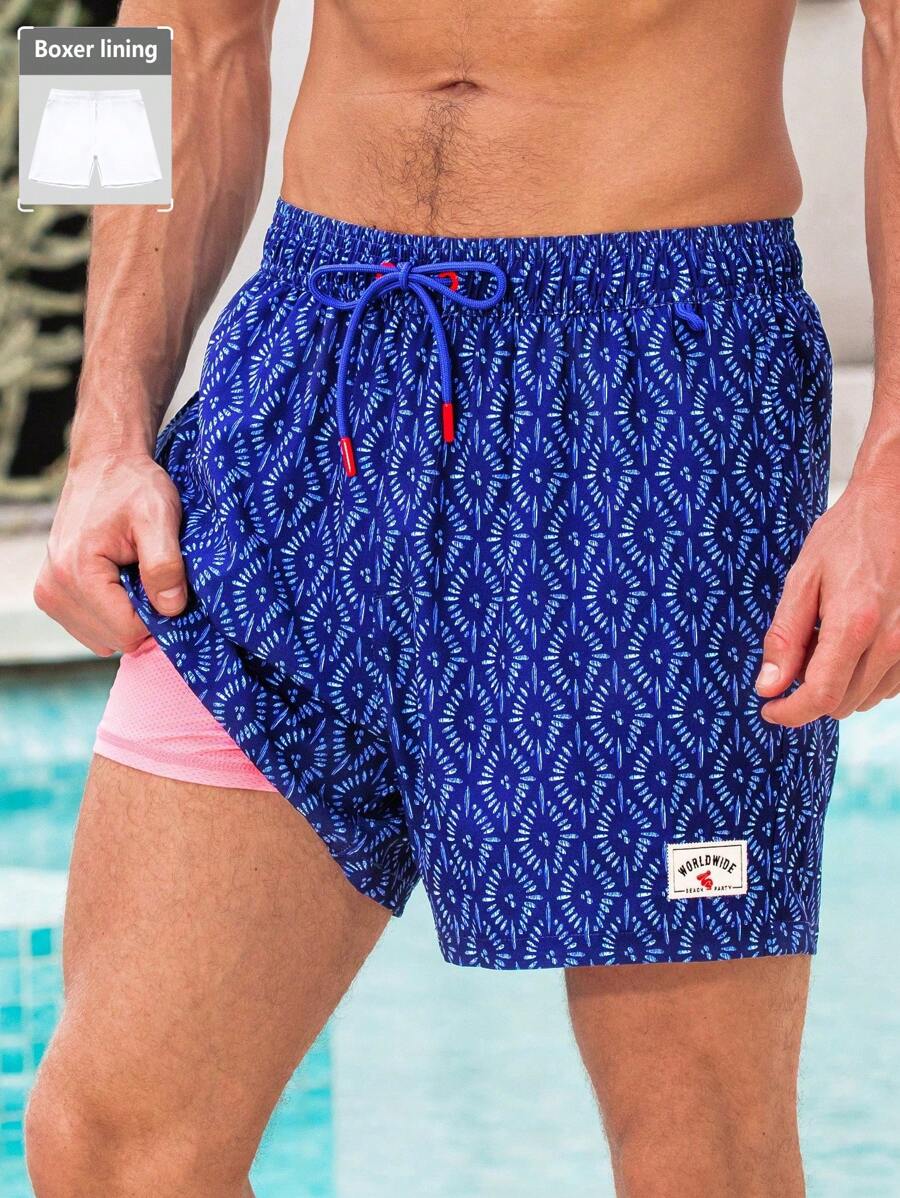 Zalmeno 男士几何印花抽绳腰沙滩短裤 - 藏蓝色 - 查看 1