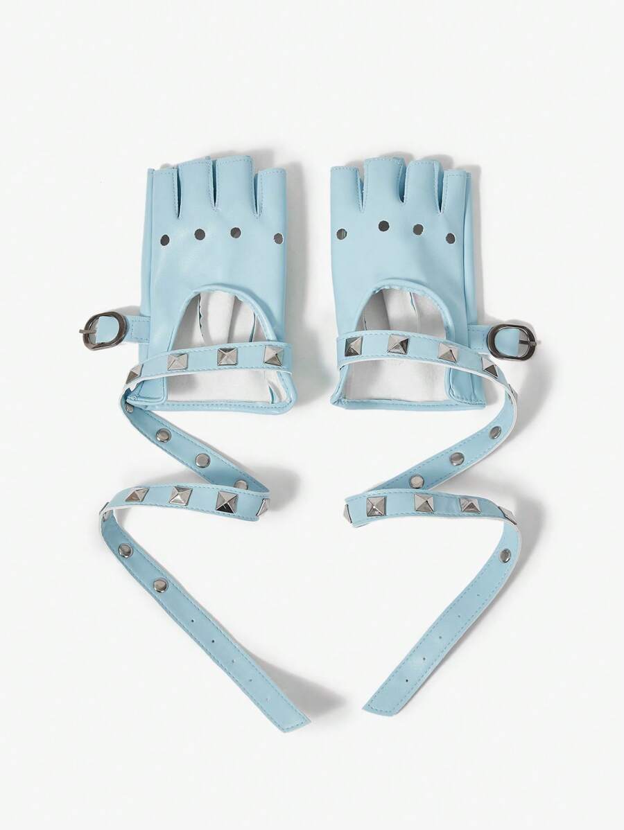 SHEIN ICON Women's Fashion Riveted Open Finger Gloves - Blue - View 1