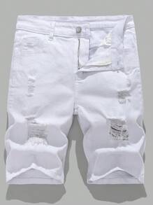 SHEIN Pantalones cortos vaqueros blancos con diseño desgarrado, cortado y deshilachado en estilo casual Y2k para adolescentes, traje diario y ropa de verano y primavera para adolescentes
