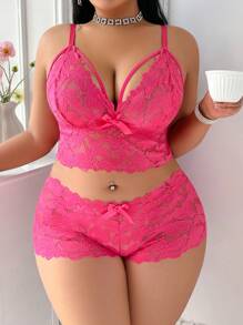 SHEIN Bộ đồ lót ren gợi cảm cỡ lớn 2 món cho nữ - Màu Hồng Tươi - Xem 3