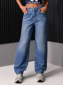 EURMUSE WOMEN HIGH WAIST STRAIGHT JEANS - Light Wash - View 3