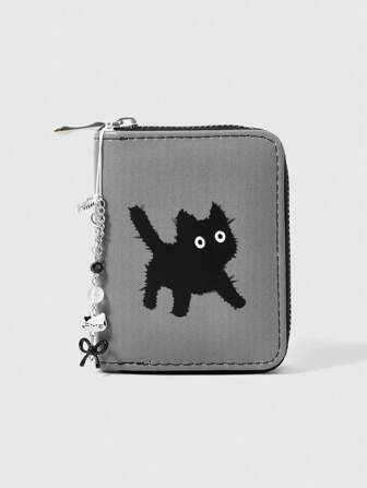 Goth Gray-Based Black Cat With Bowknot Design Cute Creative Multi-Functional Card Holder Wallet