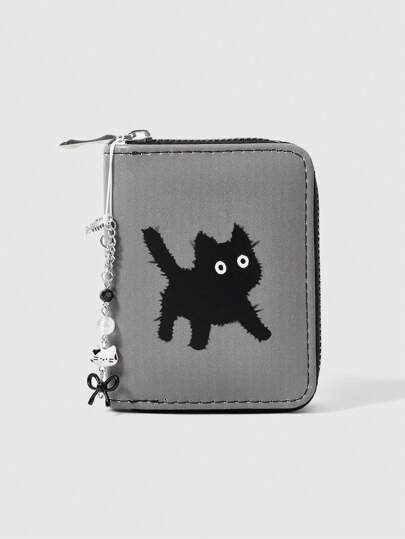 Goth Gray-Based Black Cat With Bowknot Design Cute Creative Multi-Functional Card Holder Wallet