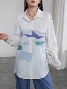 Seusyu Women's Geometric Print Drop Shoulder Long Sleeve Single Breasted Shirt - Multicolor - View 3