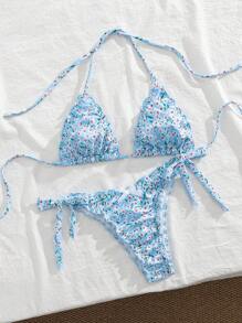 SHEIN Women Spring Break Floral Print Ruffled Spaghetti Strap Bikini Top With Tie Side Bottoms, 2 Pieces Swimwear Set, Casual Beach Vacation Outfit - Multicolor - View 3