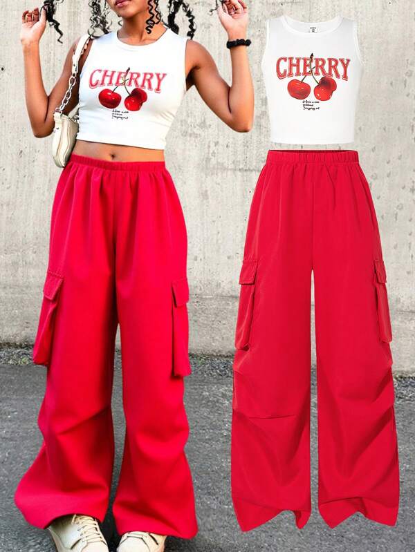 SHEIN Girls Outfit Set: White Cherry Print Vest Top + Red Wide Leg Cargo Pants, Loose Fit, Summer Cherry Clothes Teen Girl Clothes Pants
