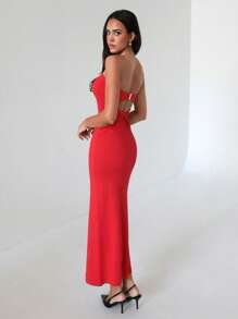 Roylia Women Backless Twist Knot Fishtail Hem Long Bodycon Dress - Red - View 4