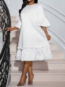 SHEIN Lady 春夏休闲优雅波西米亚风优雅休闲工作白色圆领花瓣袖长袖女装度假装女士沙滩装女士海滩度假沙滩裙婚礼宾客礼服女士商务休闲女士舞会礼服 - 白色 - 查看 6