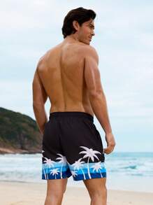 Surfspeed Men's Palm Tree Print Drawstring Waist Casual Beach Shorts Men Swim Trunks - Black - View 3