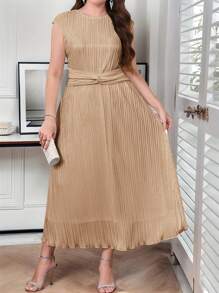 SHEIN Clasi Plus Size Women's Solid Color Round Neck Cap Sleeve Twist Front Pleated Midi Dress - Khaki - View 7