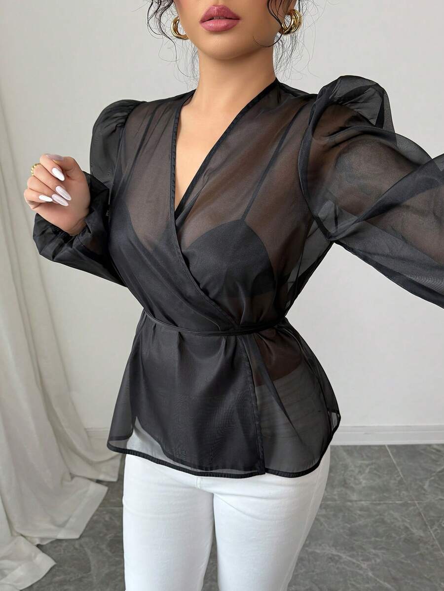 Elenzga Women's Black Sheer Long Sleeve Thin Elegant Simple Jacket - Black - View 1