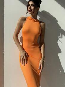 Firerie Valentijnsdag Nieuwe elegante romantische date vakantie oranje asymmetrische wrap voorkant rugloze bodycon maxi-jurk