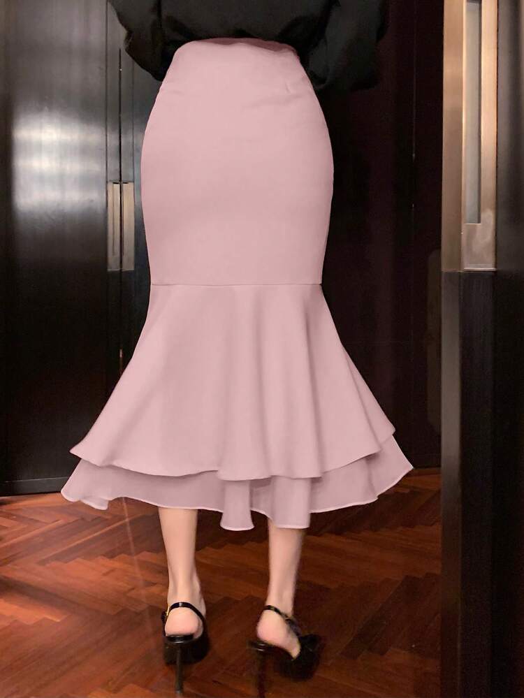 1pc Women's Elegant Solid Color Double Layer Split Fishtail Skirt