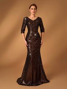 Serin Elegant Luxurious Sequin Ruched Sheer Long Sleeve Mermaid Dress, Suitable For Wedding, Party, Vacation, Prom, Mother Of The Bride Gown Evening Dress - Coffee Brown - View 2