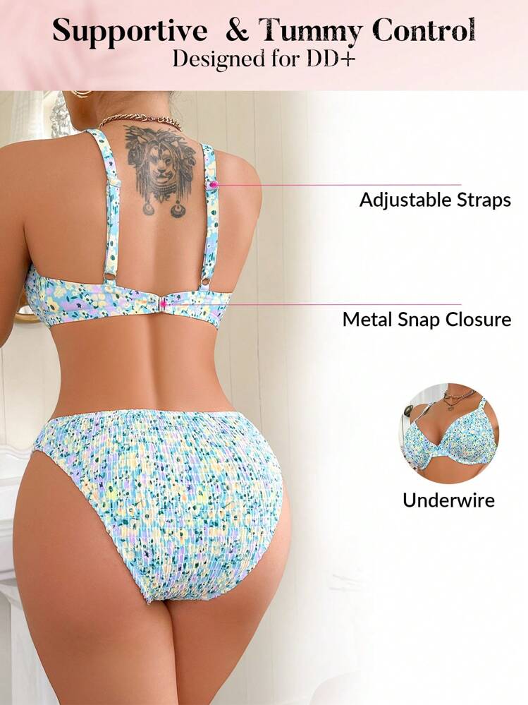 Swim DD+ 女士碎花印花比基尼套装，适合海滩/度假 - 彩色 - 查看 3