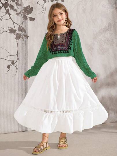 SHEIN Explorewe 2pcs/Set Tween Girls Floral Trim Short Sleeve Top & Spaghetti Strap Dress