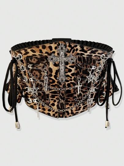 1 Pc Women's Leopard Print Lace Chain Skull Cross Lace-Up Decoration Dark Gothic Style Elastic Waist Dress Accessory For Halloween Costume