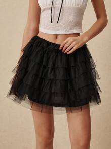 Poéselle Saia de Tule Multilayer Cor Sólida Moda Feminina - Preto - Visão 2